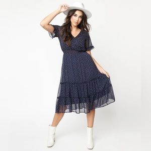 Unique Vintage Navy & Cream Abstract Spot Midi Pinup Sheer Work Dress Size: M